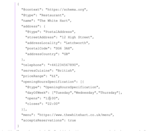 Schema markup explaining restaurant schema for White Hart in Letchworth, UK.schema 