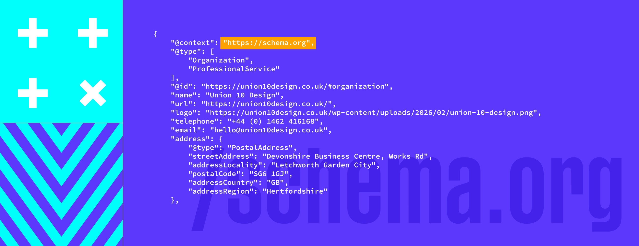 Branded graphic showing a JSON-LD schema markup code snippet for Union 10 Design, featuring Organisation and ProfessionalService types against a bold purple background.