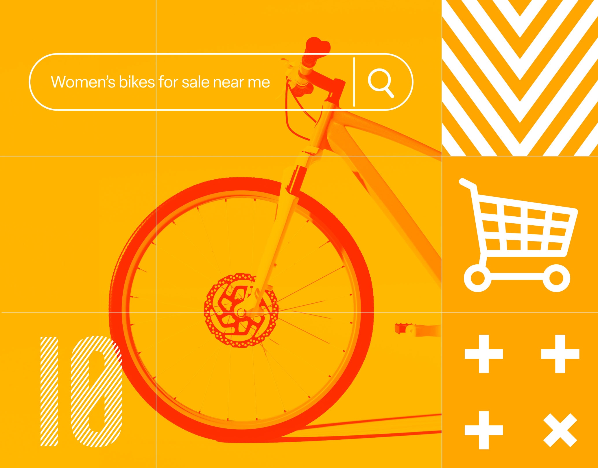 'Women's bikes for sale near me' query above an orange bicycle wheel with shopping cart icon – ecommerce SEO concept