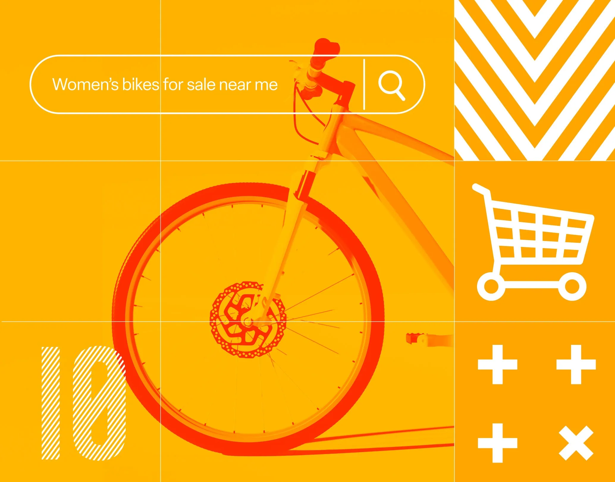 'Women's bikes for sale near me' query above an orange bicycle wheel with shopping cart icon – ecommerce SEO concept