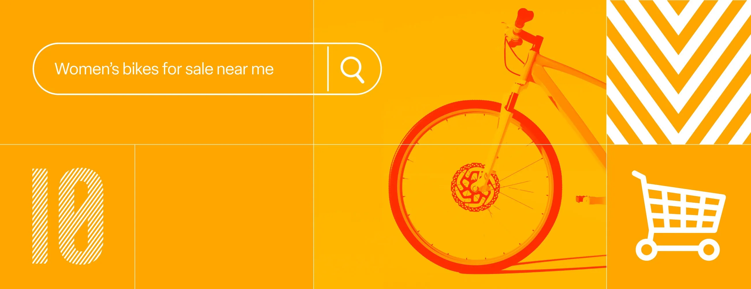 'Women's bikes for sale near me' query above an orange bicycle wheel with shopping cart icon – ecommerce SEO concept