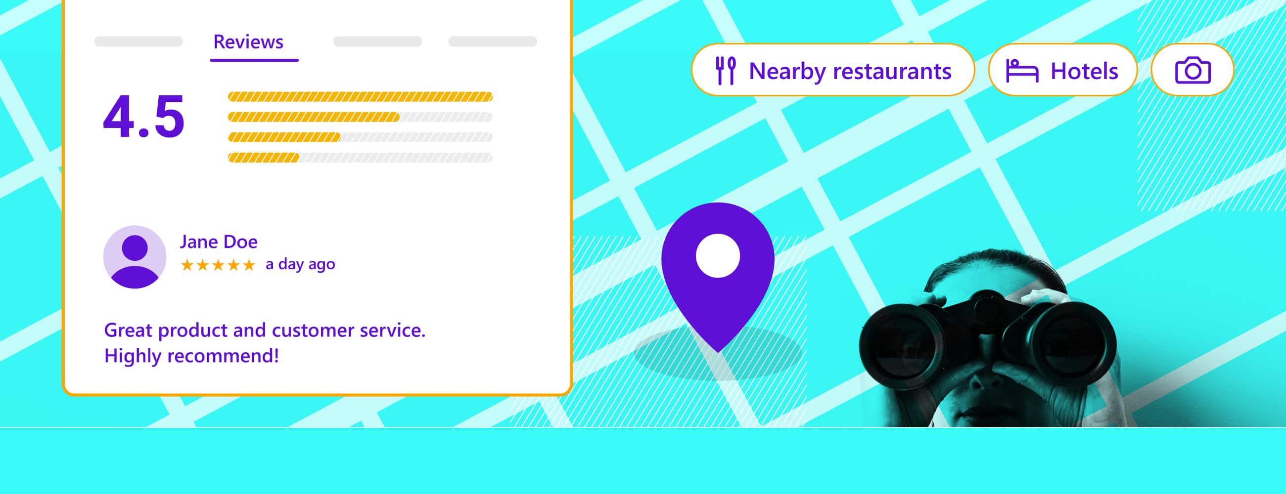 Stylised local search graphic: a purple map pin and binoculars over a street map, with a 4.5-star customer review card, in cyan and purple.
