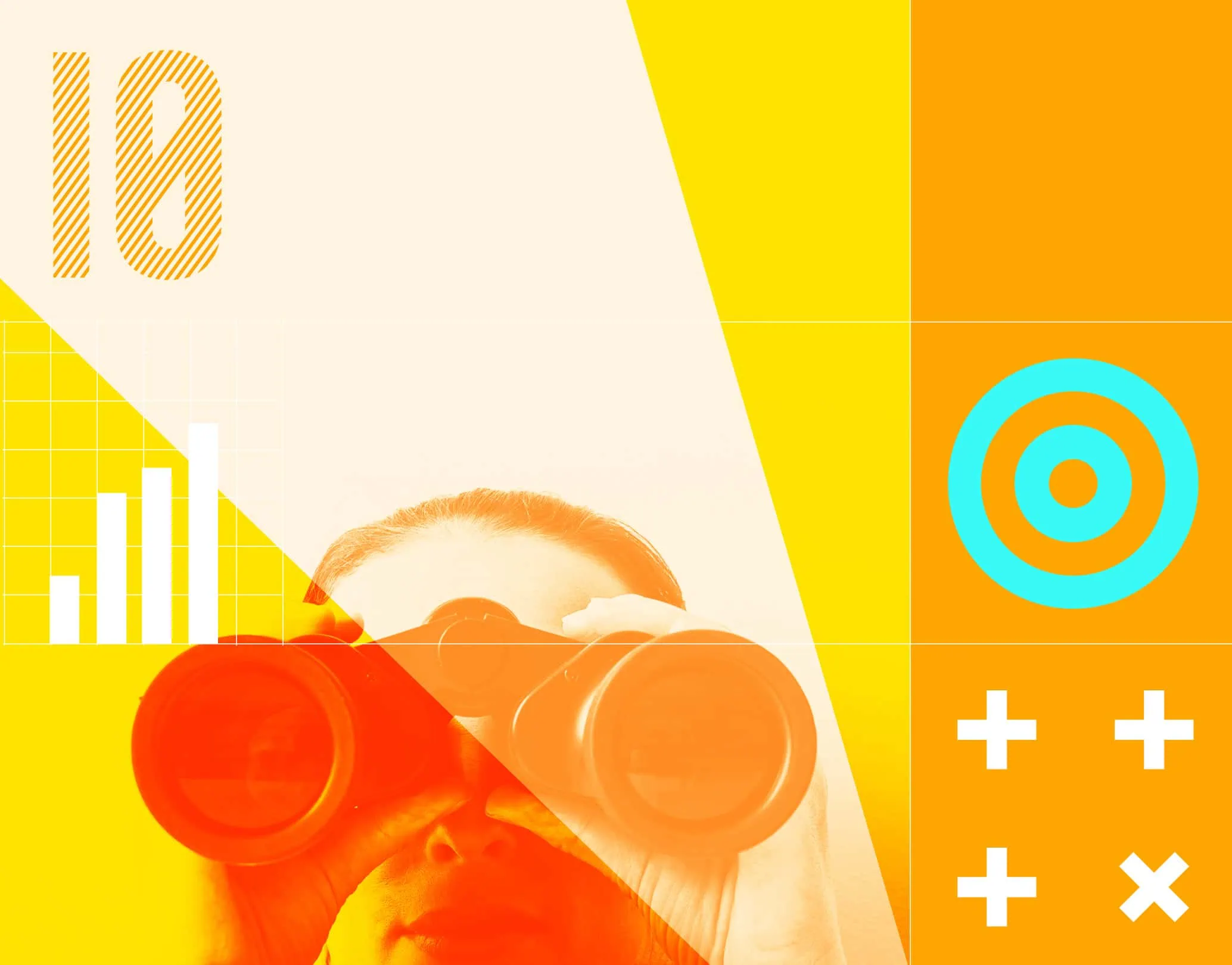 Person using binoculars with digital icons in background.
