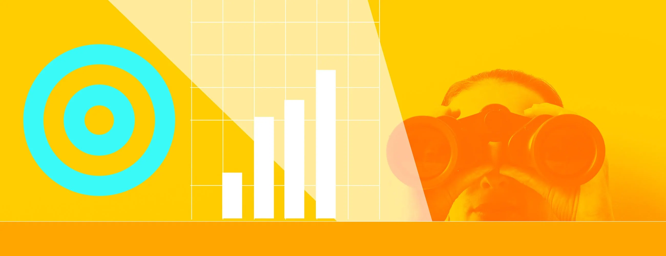 Target with binoculars, bar graph, and target icon for market analysis.
