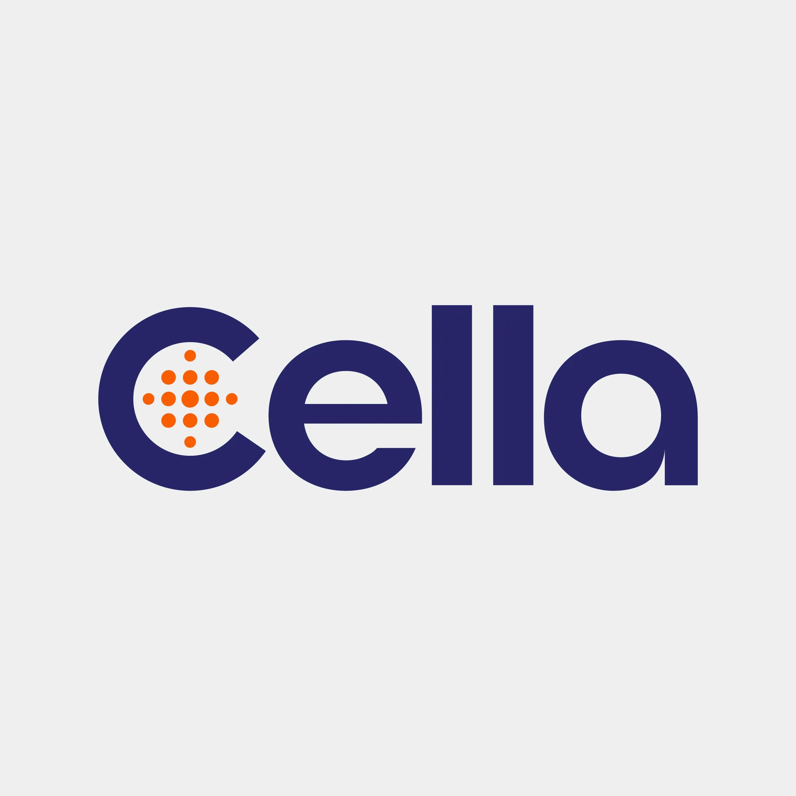 Cella logo with orange dots inside the letter C.