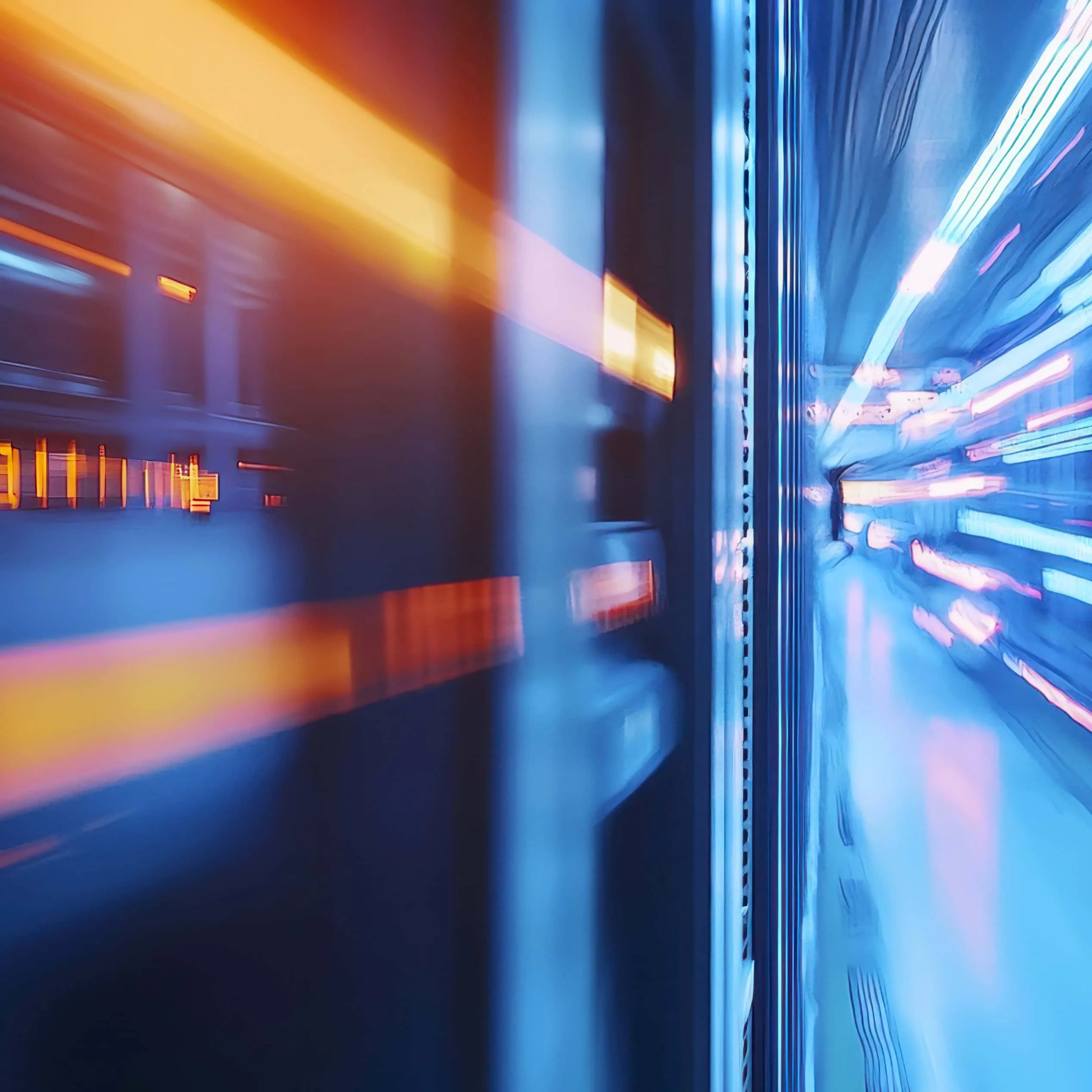 Vibrant city lights with motion blur effect at night.